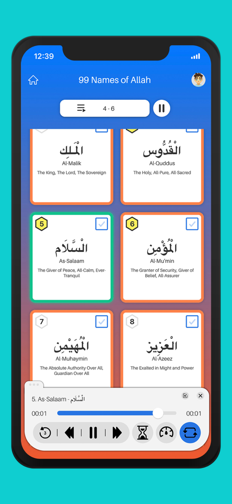 Memorize Easily | Muslim Pal® - Screenshot of the Muslim Pal app displaying flashcards for the 99 Names of Allah with Arabic calligraphy and English translations