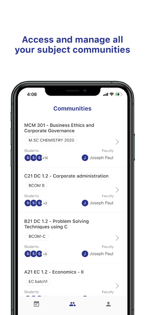 Screenshot of the Linways V4 app displaying a list of academic subject communities and faculty members