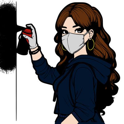 realistic girl with mask spray painting a wall