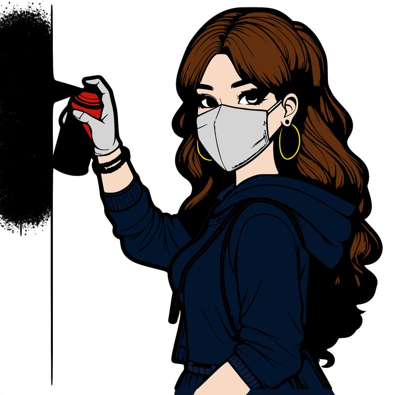 realistic girl with mask spray painting a wall