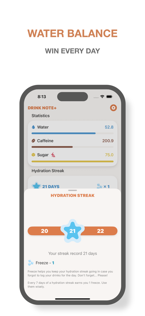Drink Note – Water Tracker - 21일 수분 섭취 연속 기록 및 물, 카페인, 설탕에 대한 일일 섭취량 통계를 보여주는 Drink Note 앱 인터페이스.