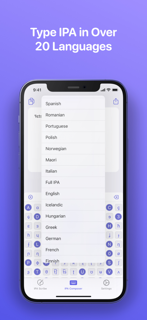 IPA Scribe: IPA Transcriptions - iPhone screen displaying the IPA Scribe app composer with a list of supported languages and a phonetic symbol keyboard