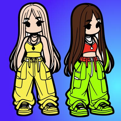 girl in baggy pants crop top and long hair