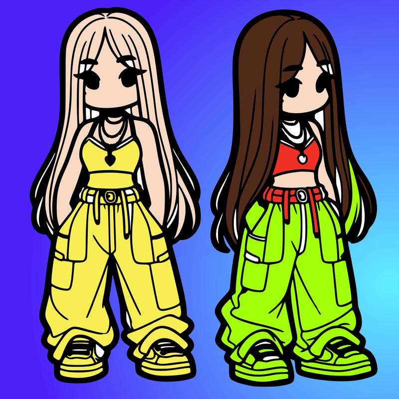 girl in baggy pants crop top and long hair