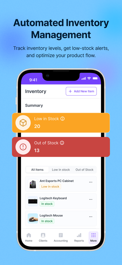 Refrens Invoice maker Bill App - Mobile interface of Refrens app showing automated inventory management with stock alerts