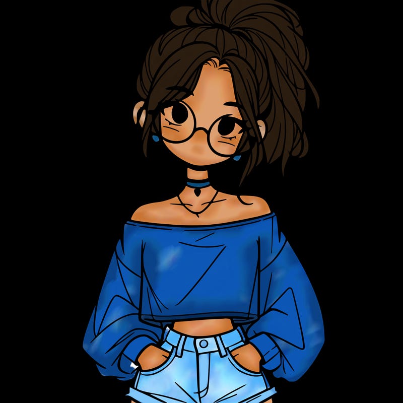girl with a messy ponytail glasses a baggy crop top and jean shorts