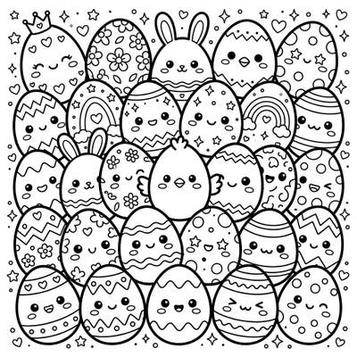 Get ready for an explosion of cuteness with our Kawaii Easter Eggs coloring page! This delightful template features a charming collection of adorable eggs, perfect for bringing joy to your spring coloring sessions.