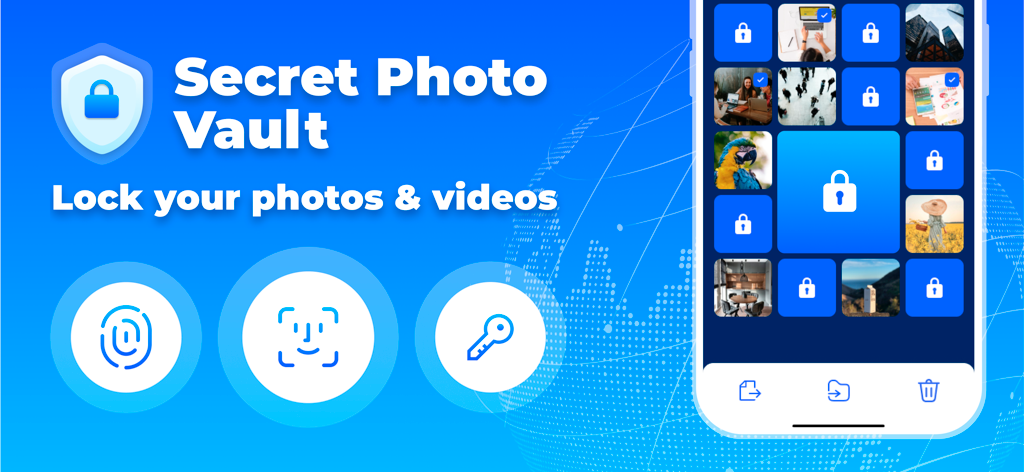 iSecurity: Total Protection - iSecurity app interface for Secret Photo Vault featuring biometric lock options for photos and videos