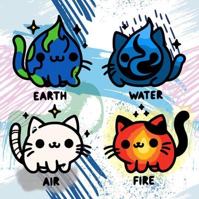 4 cats that represent the different elements, earth, water, air, and fire