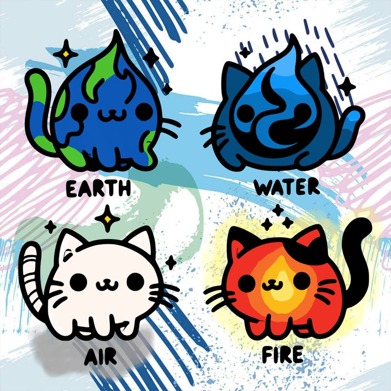 4 cats that represent the different elements, earth, water, air, and fire