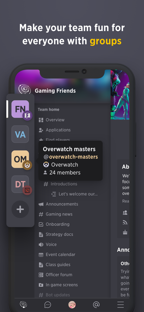 Screenshot of Guilded app showing organized gaming groups and server categories for teams