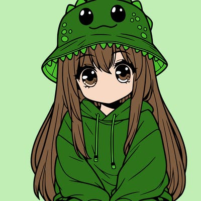 girl with anime shaped eyes with a dinosaur bucket hat oversized sweatshirt long straight hair