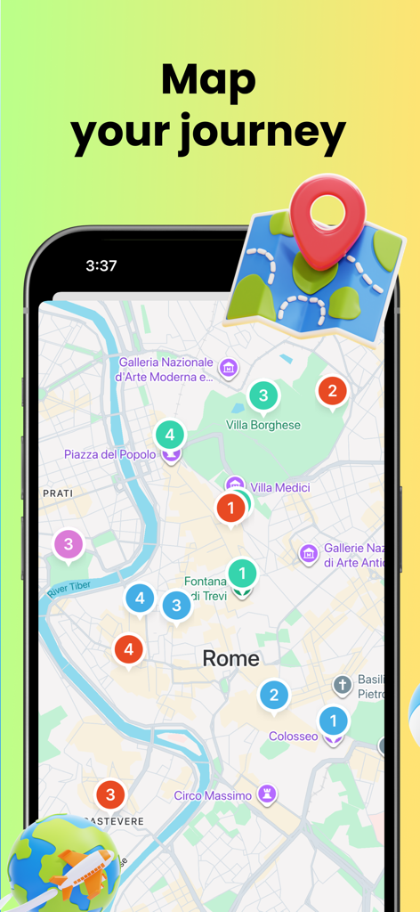 Una mappa di viaggio interattiva in Tripbook che mostra tappe numerate e punti di interesse a Roma.