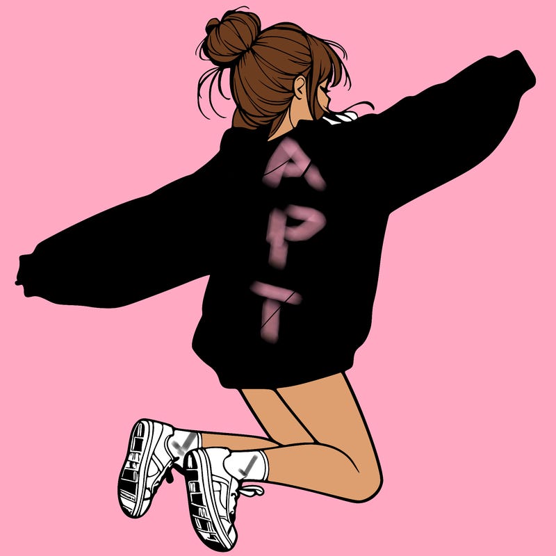 realistic girl jumping with a bun and oversized sweatshirt