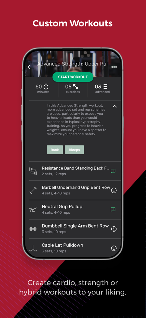 Life Fitness Connect app custom workout screen displaying an advanced strength upper pull training plan with a list of exercises