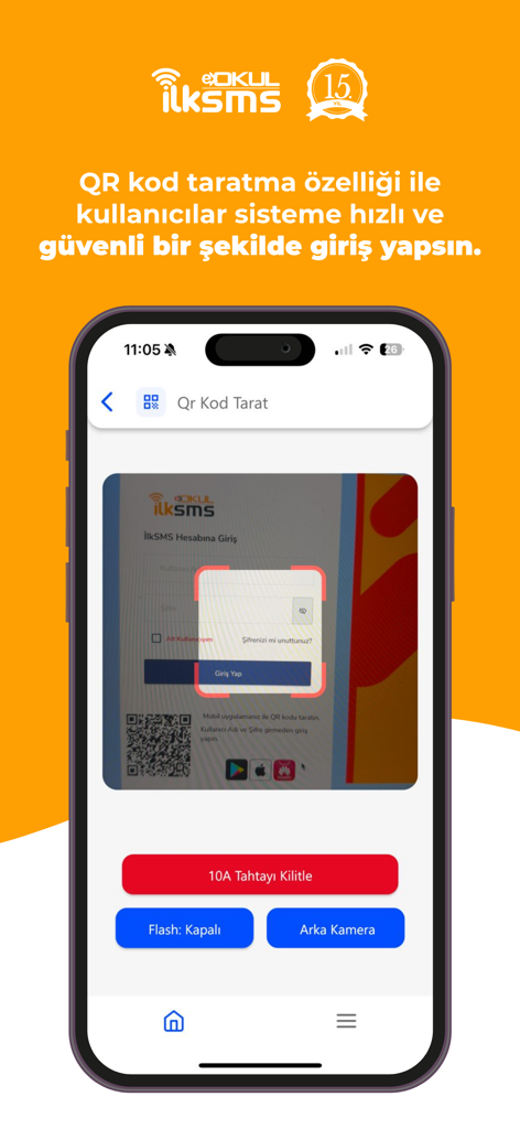 A mobile phone screen displaying the ilkSMS app QR code scanner for quick and secure login.
