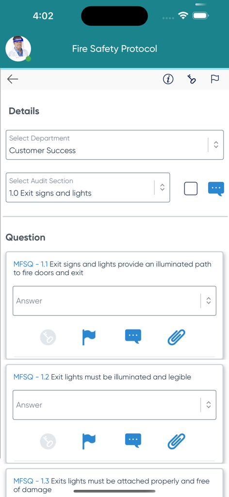 Ideagen EHS - Mobile interface of Ideagen EHS app performing a fire safety protocol audit with checklist questions for exit signs.
