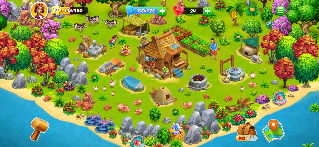 Top-down view of a lush tropical farm with animals crops and characters in Kong Island Farm and Survival