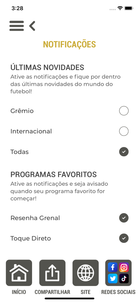 Rádio Grenal - 95,9 FM|88,9 FM - The notification settings screen of the Radio Grenal app showing options for Gremio and Internacional soccer news and programs.