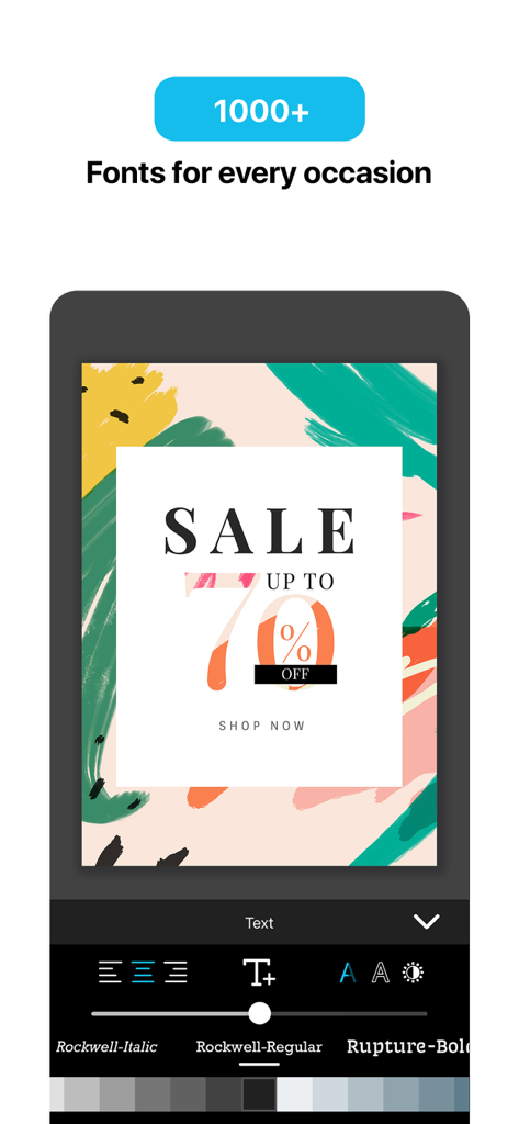 Create Flyers & Logos - Maker - A mobile app interface displaying font choices for a professional sale flyer design