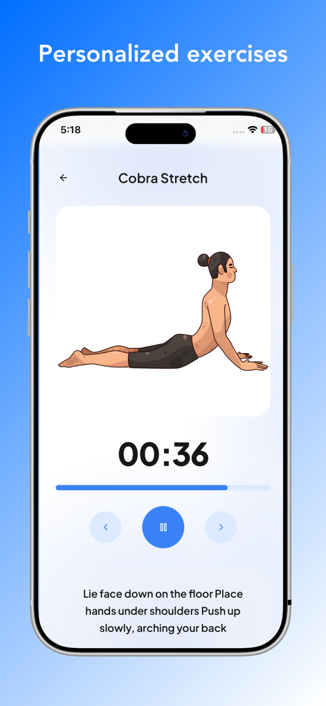GoRise - Increase Your Height - A mobile app screen showing a person performing a cobra stretch exercise with a timer and instructions.