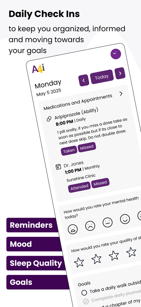 A4i - A4i app interface showing daily check-ins for medication reminders and mood tracking