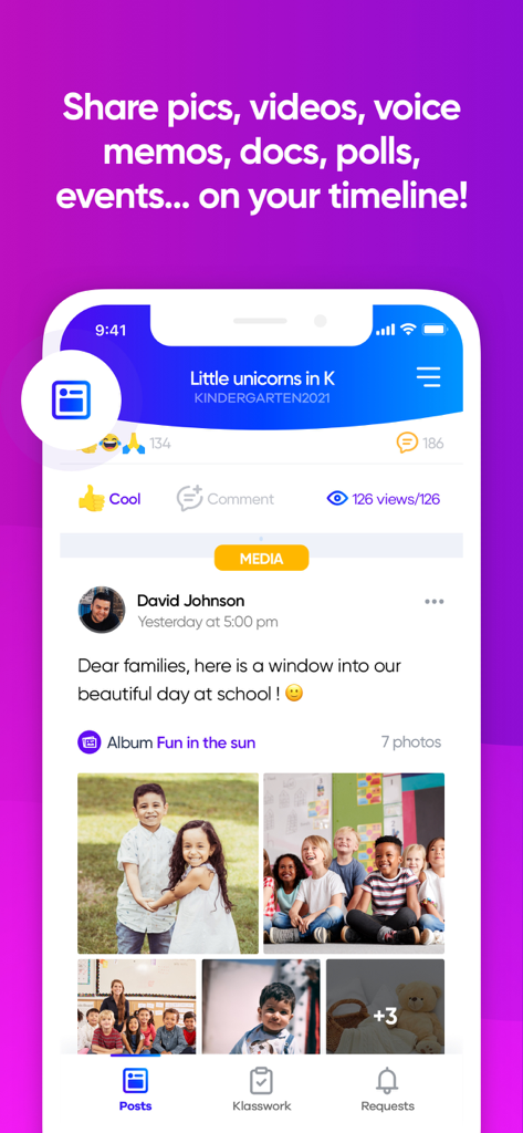 Klassly - Klassly app social media style timeline showing classroom photos shared by a teacher