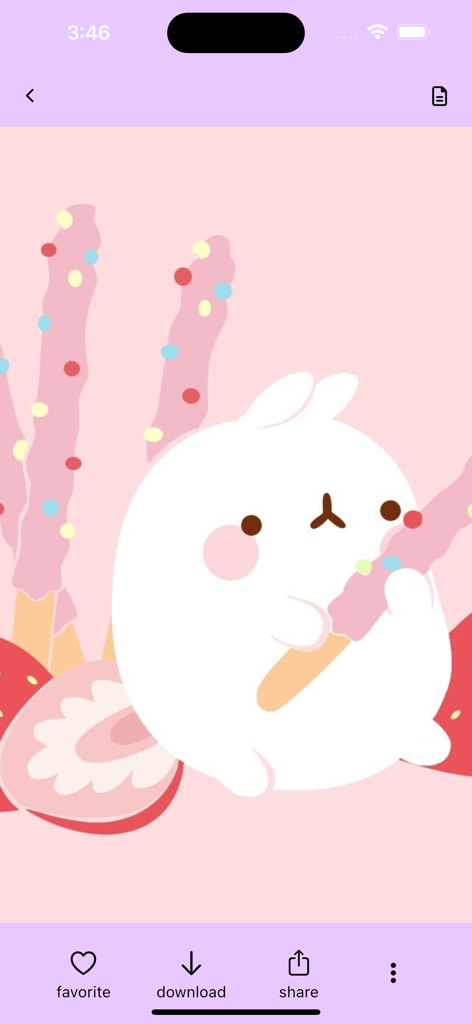Aesthetic - Kawaii Wallpapers! - Coelhinho branco fofo comendo um lanche rosa em um fundo rosa suave com decorações de morango