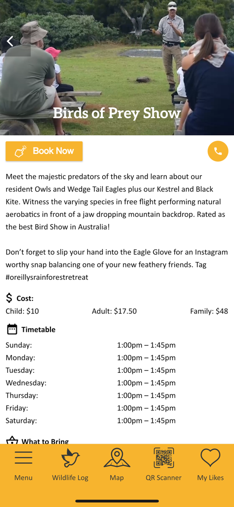 Booking page for the Birds of Prey Show including prices and daily timetable