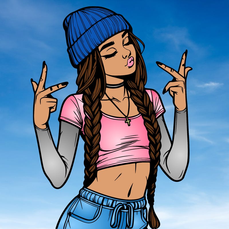realistic teenage girl with braids and a beanie and crop top doing 🫶🏼