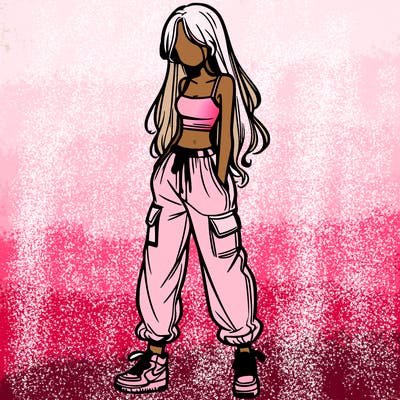 girl in baggy pants crop top and long hair