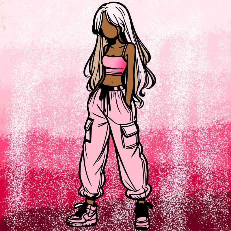 girl in baggy pants crop top and long hair