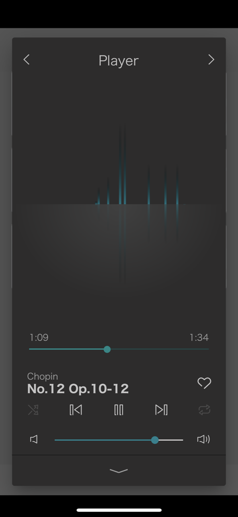PianoRemote - A screenshot of the PianoRemote app music player showing playback controls and a Chopin piano piece