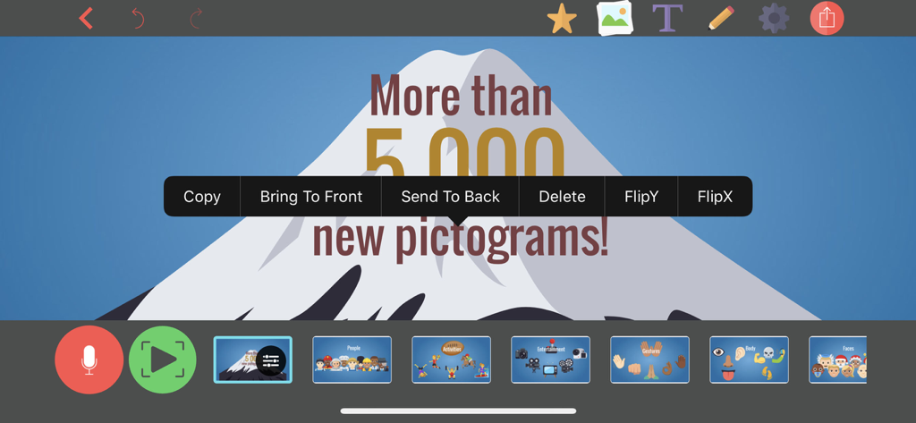 Vidra - Video Presentations - Interface of Vidra app showing slide editing tools and pictogram library