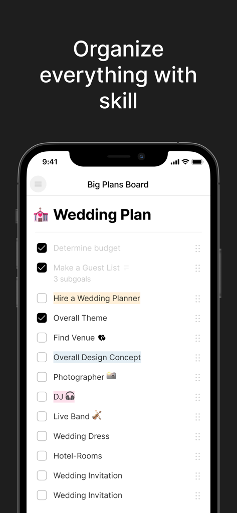Aplicación Timestripe que muestra una lista de verificación de planificación de bodas en una interfaz de tablero digital