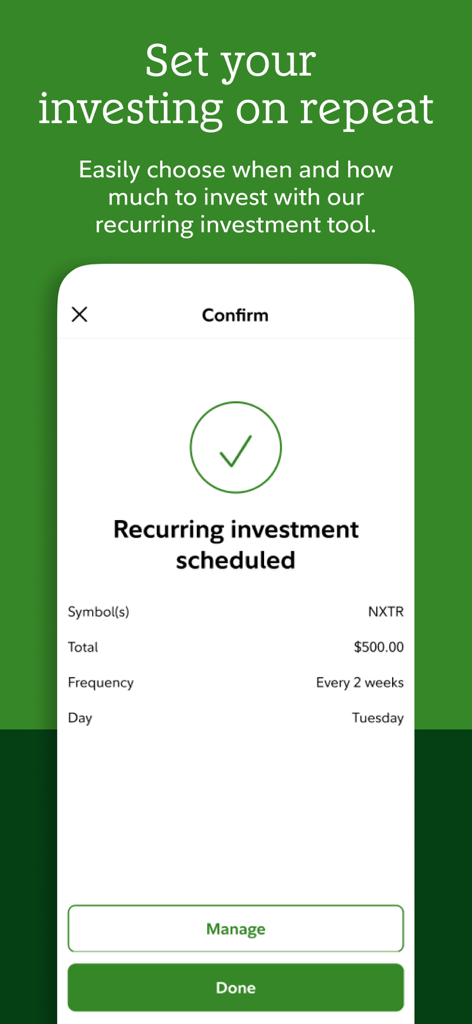 フィデリティアプリで、2週間ごとに500ドルを定期的に投資するスケジュール設定の確認画面を表示するモバイル画面。