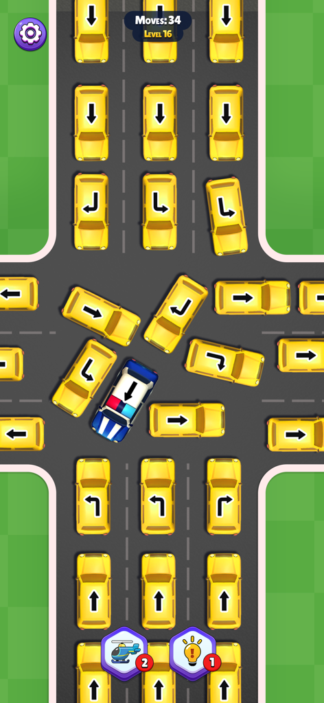 Unblock Cars: Traffic Control - A top down view of a traffic jam puzzle level in Unblock Cars showing yellow cars and a police car