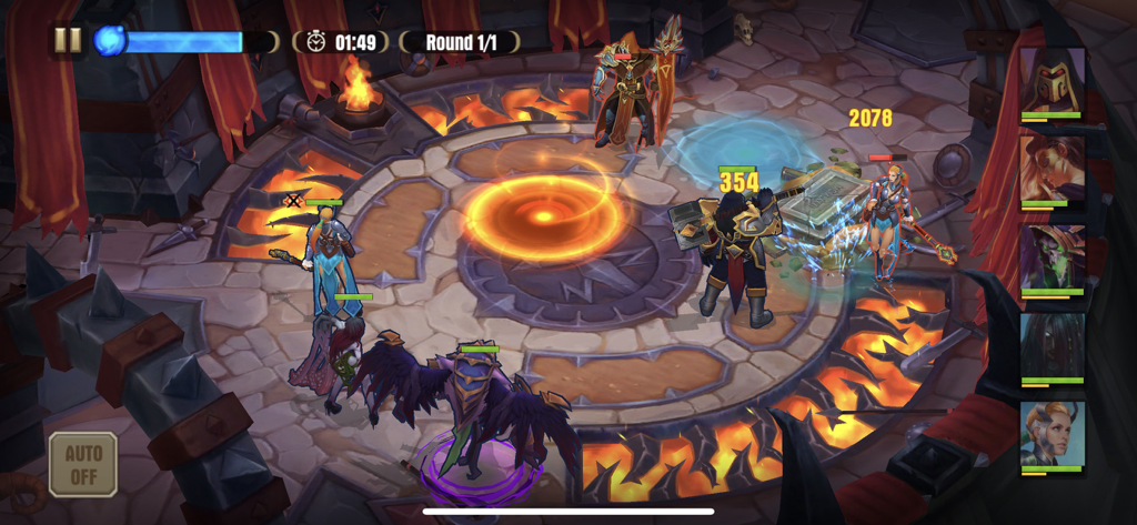 A tactical RPG battle scene in Juggernaut Wars featuring multiple heroes fighting in a circular arena surrounded by lava