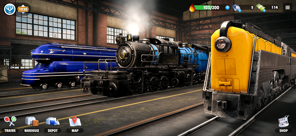 Train Station 3 - Tre treni storici dettagliati parcheggiati all'interno del garage di un deposito ferroviario.