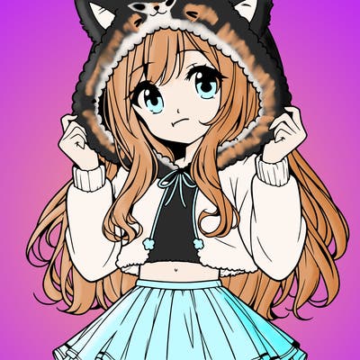 pretty anime girl wearing a fluffy hoodie with cat ears on the hood and a skirt