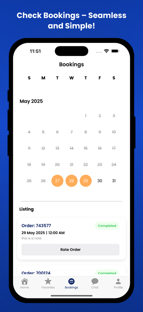 OneStop: For Every Event - Schermata delle prenotazioni dell'app OneStop con vista calendario e elenco ordini