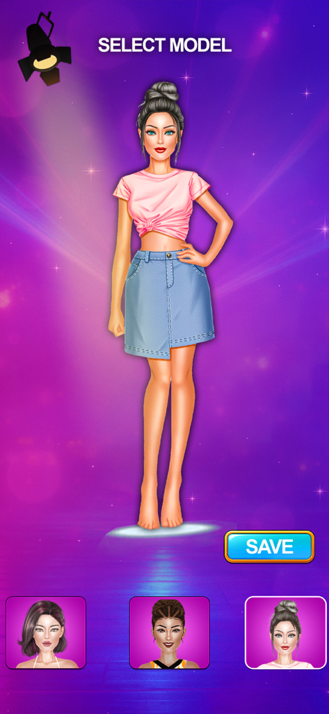 A character selection screen featuring a fashion model in a pink shirt and denim skirt