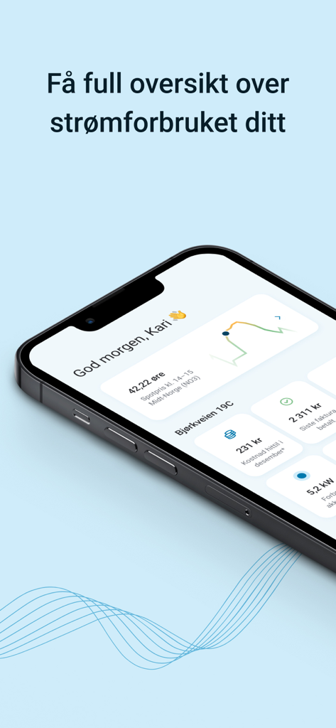 Mitt NTE - A smartphone displaying the Mitt NTE app dashboard with power consumption data and graphs