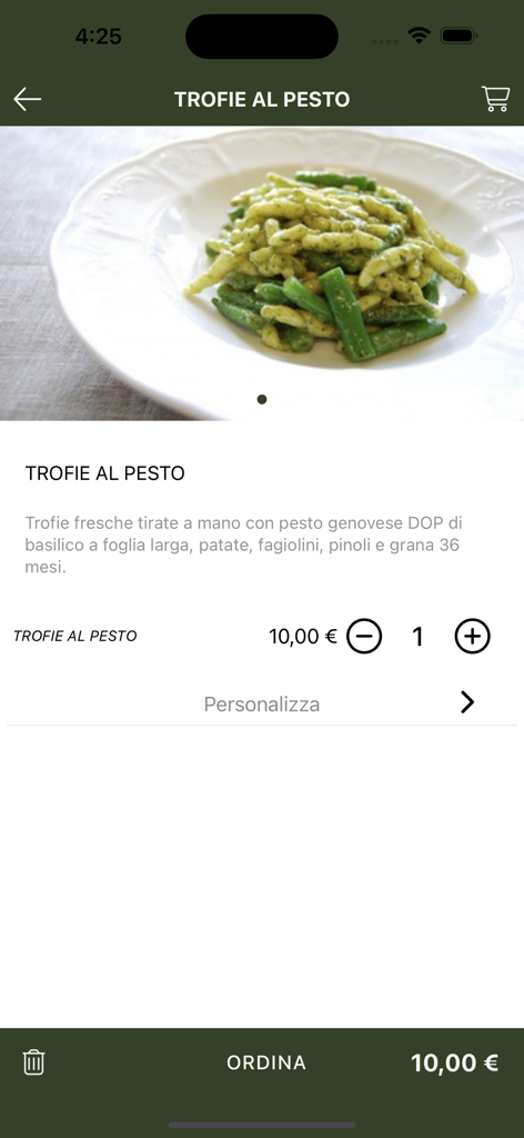 Wydelivery Cloud - A mobile interface showing a Trofie al Pesto pasta dish with price and customization options