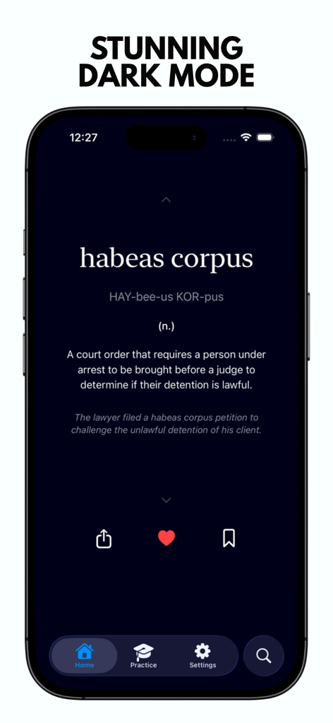 JurisNova: Legal Dictionary - JurisNova legal dictionary app displaying the definition and pronunciation of habeas corpus in dark mode