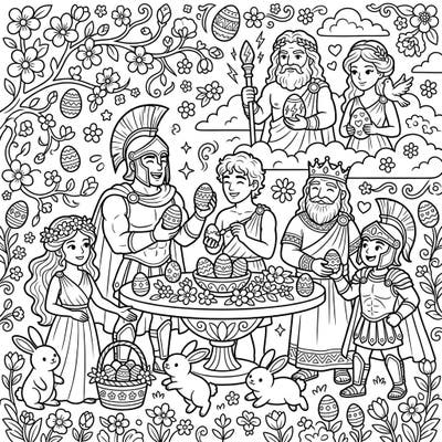 Journey back to ancient Greece for a unique Easter celebration! This whimsical coloring page brings legendary Trojan War figures, from mighty gods to valiant heroes, together with charming bunnies and beautifully decorated eggs amidst spring blossoms.