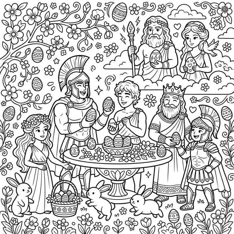 Journey back to ancient Greece for a unique Easter celebration! This whimsical coloring page brings legendary Trojan War figures, from mighty gods to valiant heroes, together with charming bunnies and beautifully decorated eggs amidst spring blossoms.