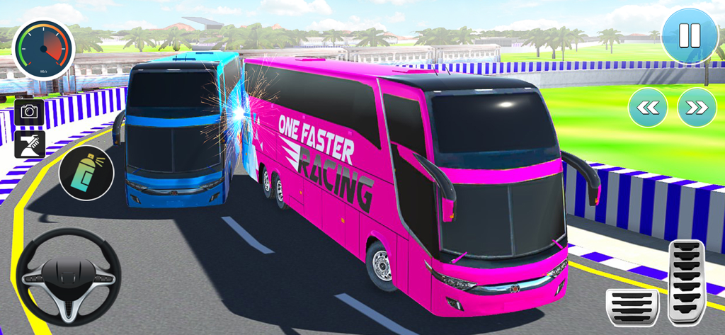 Bus Simulator Racing Games 3D - Pink racing bus colliding with a blue bus on a track in a 3D bus simulator game
