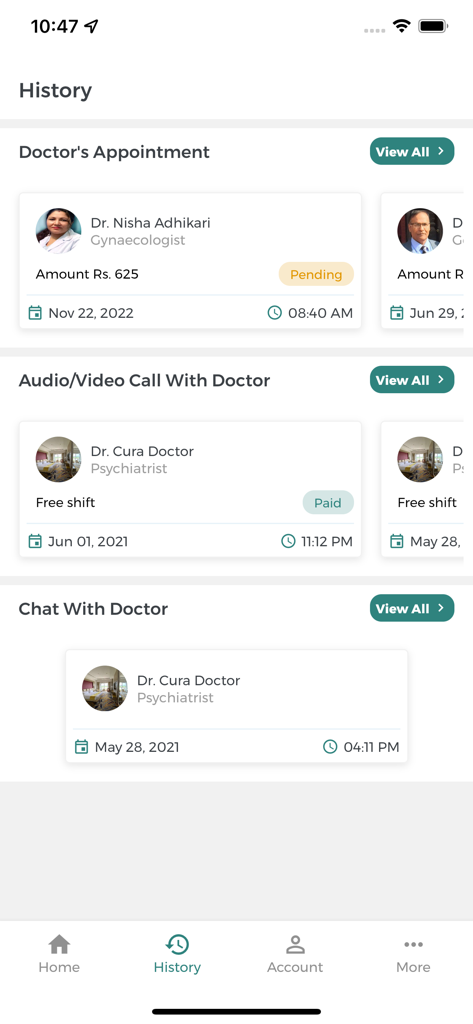 Interface of the Cura Health app showing history of doctor appointments, video calls, and chats