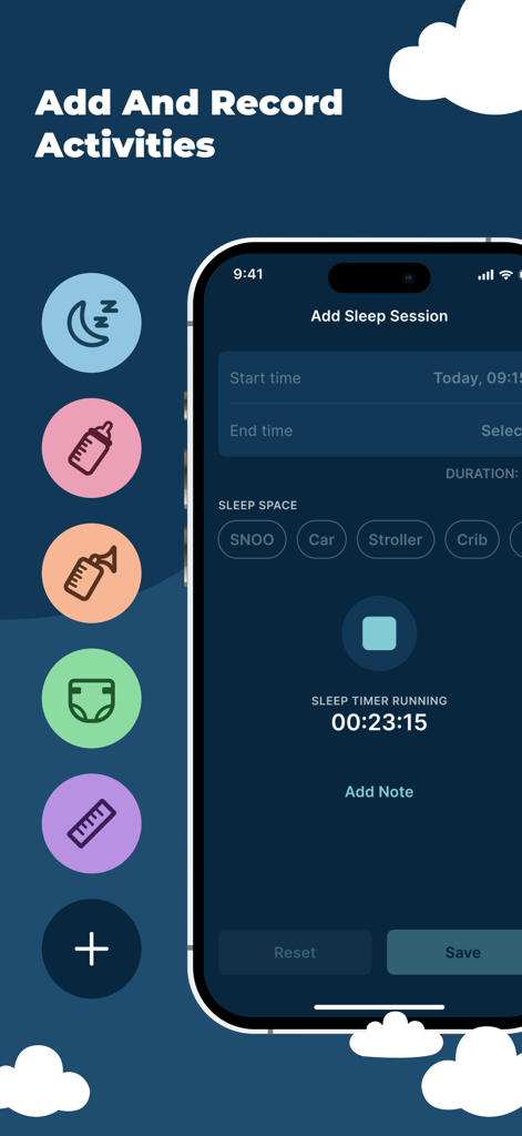 Interface of Happiest Baby app showing buttons to record baby activities like sleep feeding and diaper changes